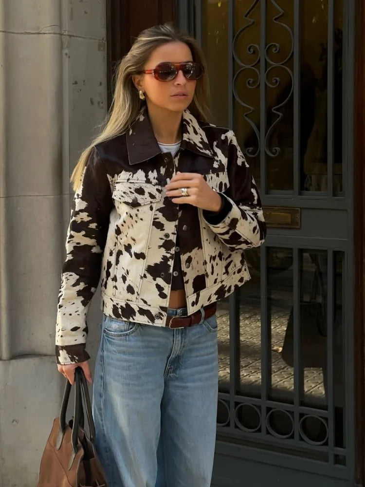2025 Cow Printed Single Breasted Turn Down Collar Jacket