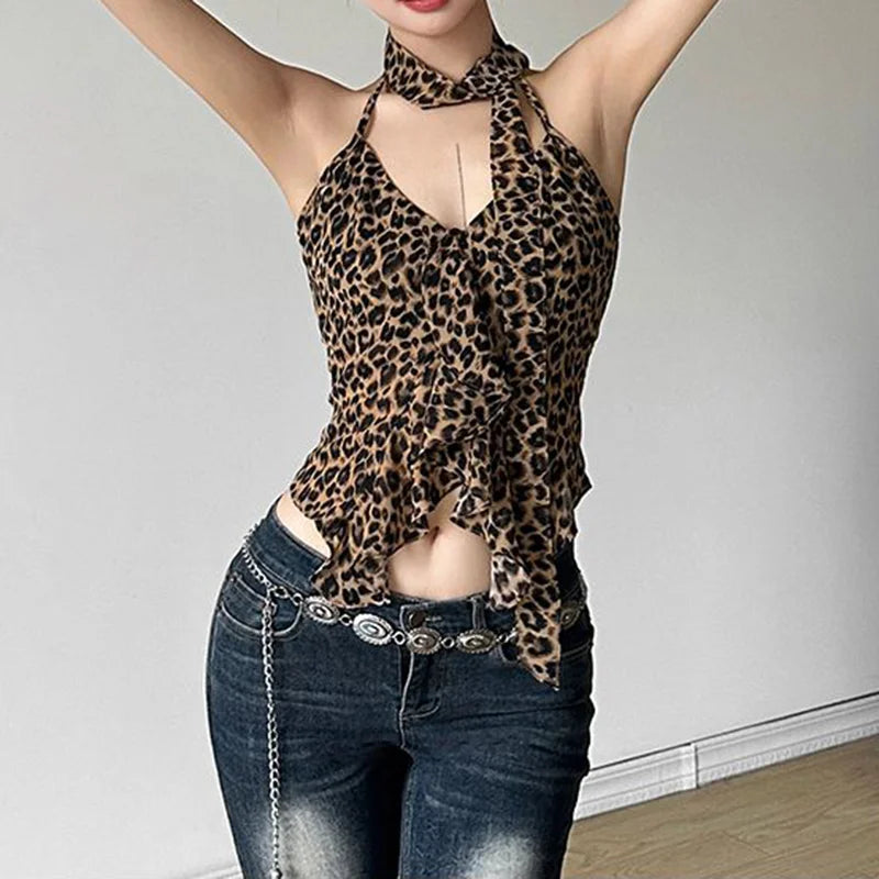 Leopard Lace Up Halter Tank Top
