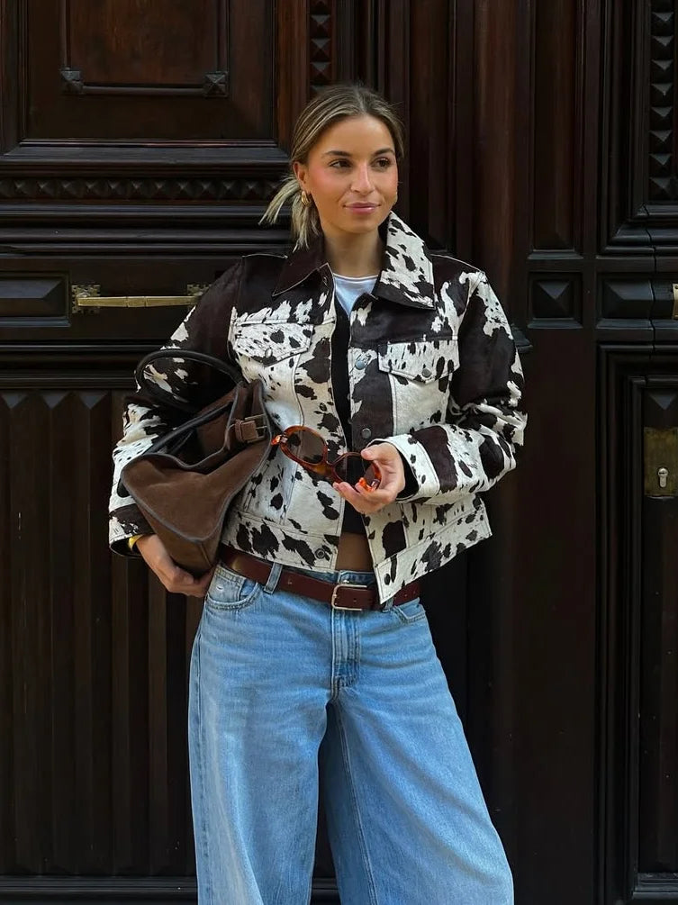 Cow Printed Elegant Single Breasted Turn Down Collar Coat