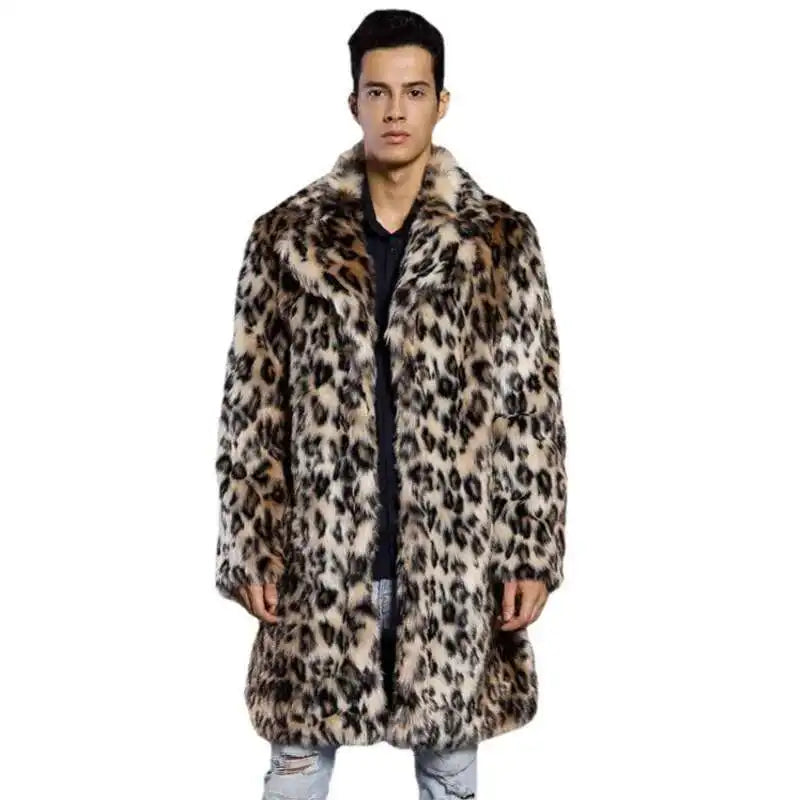 Leopard Print Faux Fur Men's Suit Collar Jacket