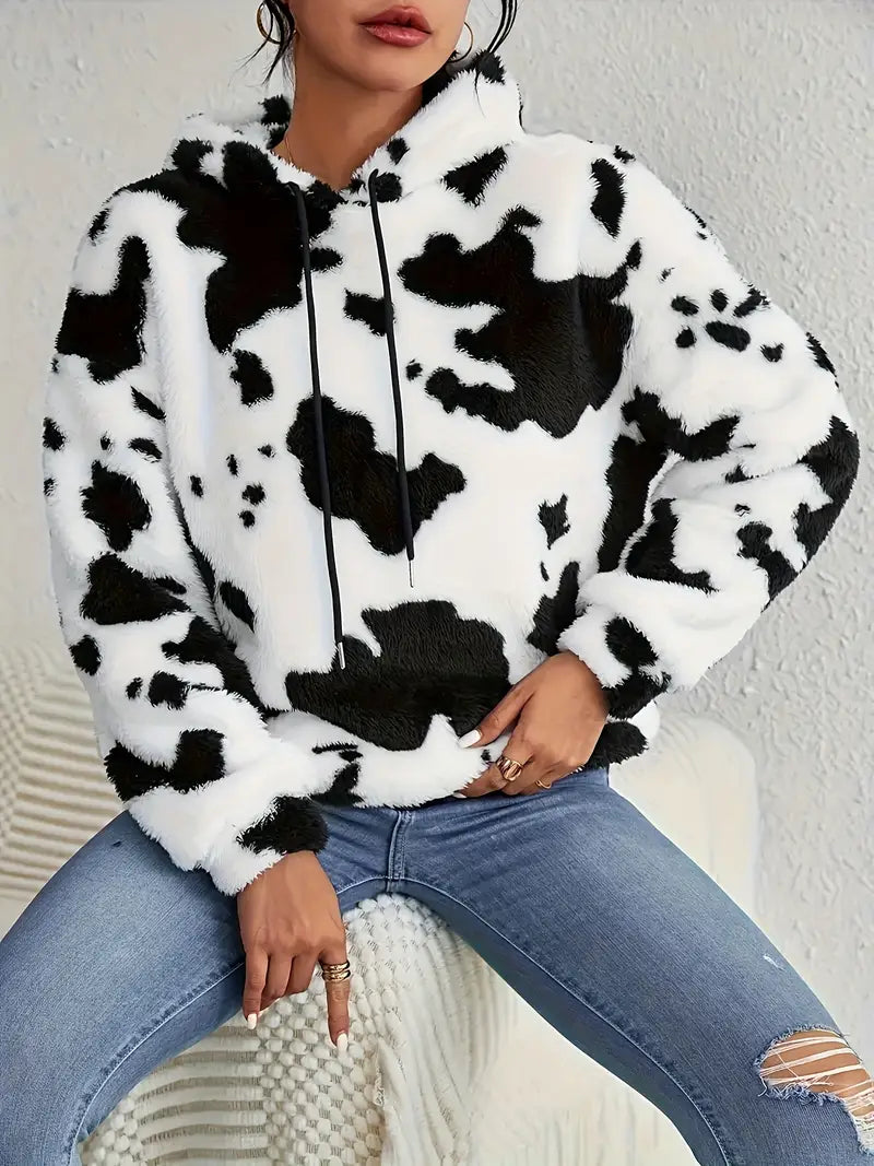 Furry Cow Print Hooded Sweatshirt