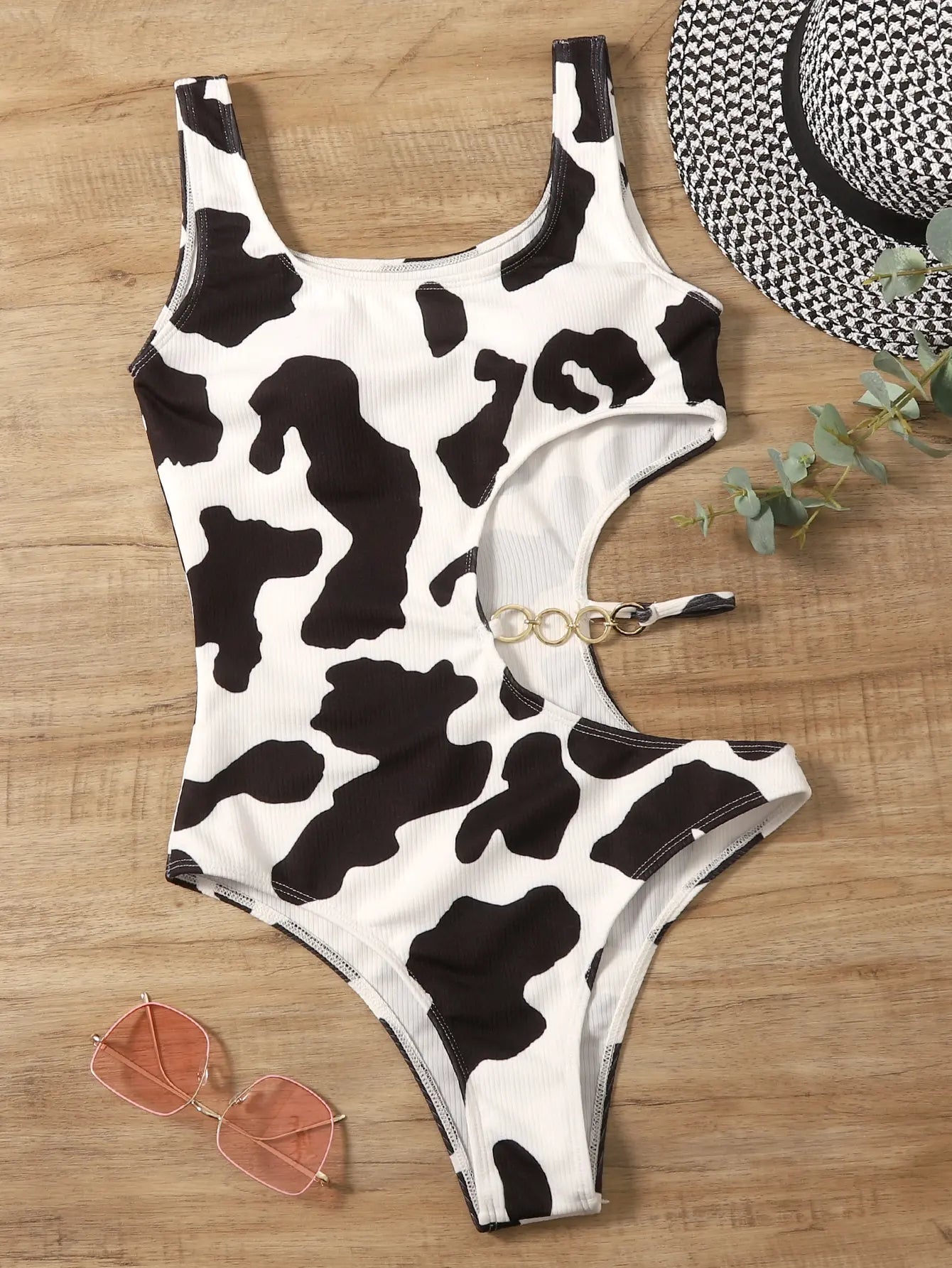 2025 Cow Print Rib Cut-out One Piece Swimsuit