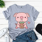 Cute Pig Boba Tea Print Women Casual T-shirts