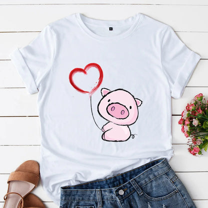 Heart Pig Print Women T Shirt Short Sleeve