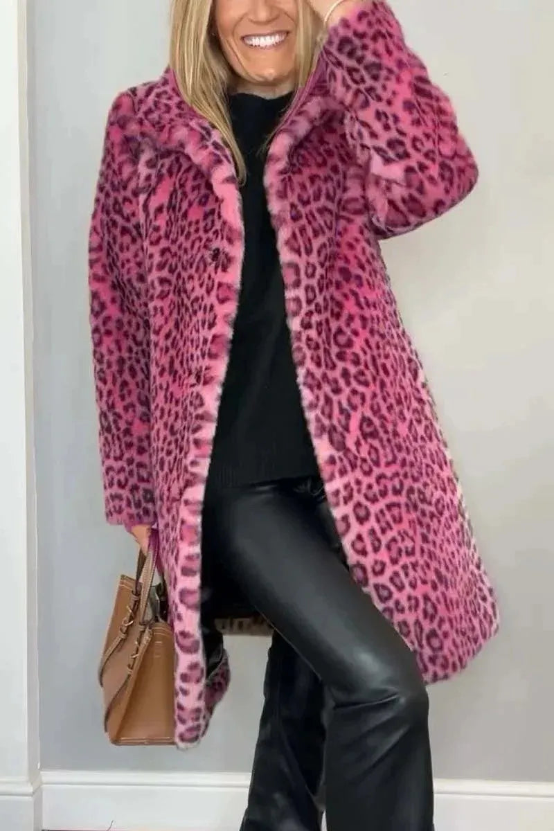Fashionable Leopard Print Plush Mid-Length Jacket
