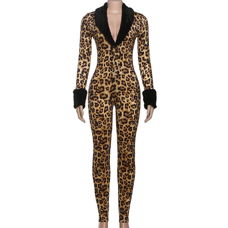 Wild Slim Fit Long Sleeve Leopard Print Jumpsuits