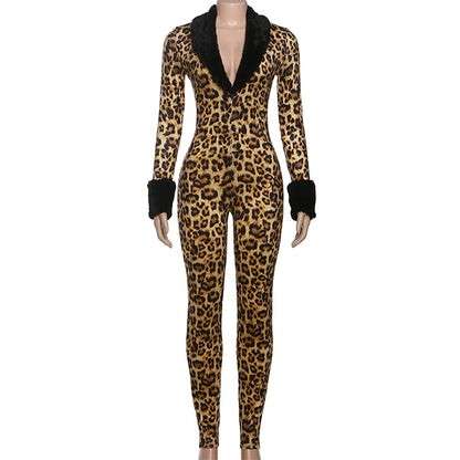 Wild Slim Fit Long Sleeve Leopard Print Jumpsuits