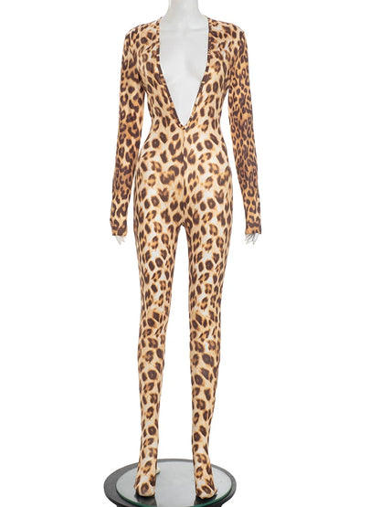 Woman's Leopard Print Jumpsuits With Deep V-Neck Style