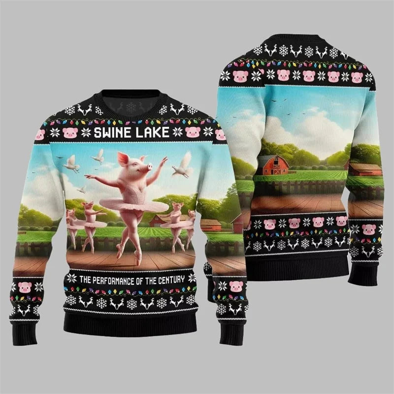 Festival Funny Pig Print Christmas Sweater For Men & Women