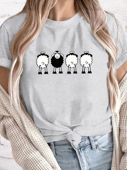 Casual Short Sleeve Top With Four Sheep Cartoon Printed Design
