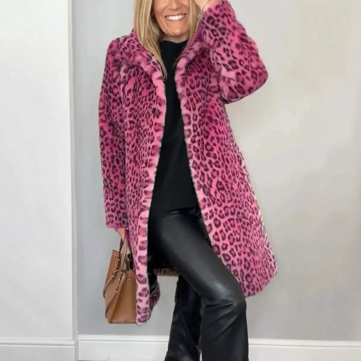 Fashionable Leopard Print Plush Mid-Length Jacket