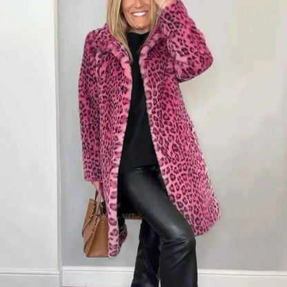 Fashionable Leopard Print Plush Mid-Length Jacket