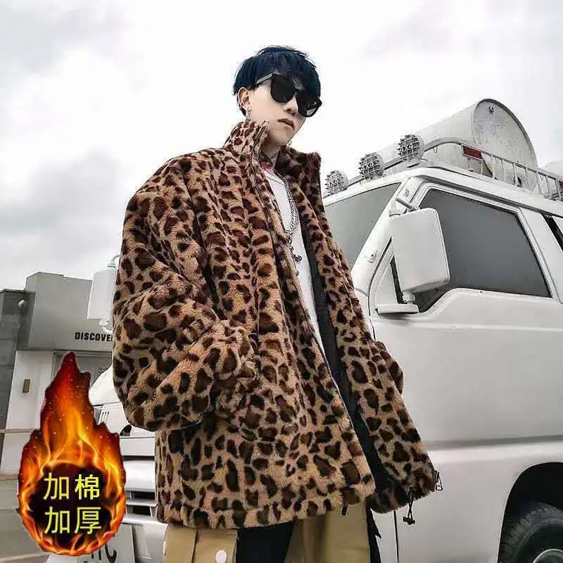 2023 Winter Jacket, Men's Outerwear Fur Leopard Casual Loose Parkas