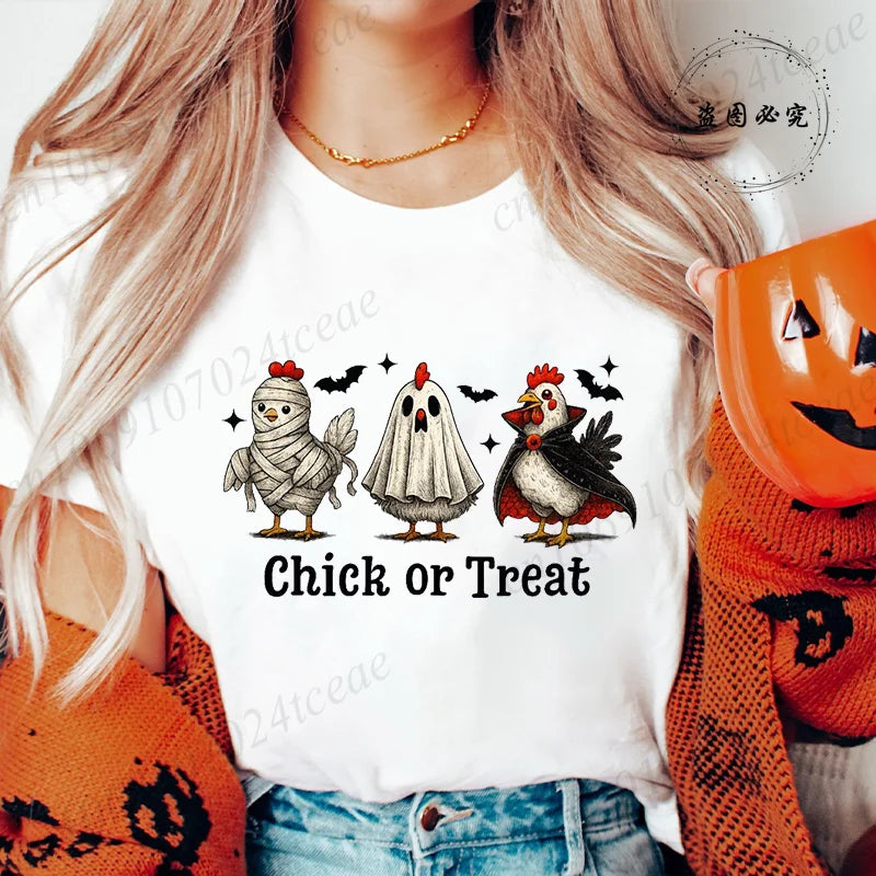 Women's T-shirt, Casual Halloween Chick or Treat Print T-shirt