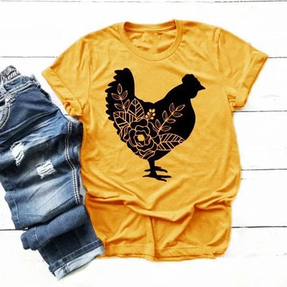 Chicken Print T Shirt Women Short Sleeve