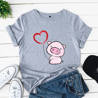 Heart Pig Print Women T Shirt Short Sleeve