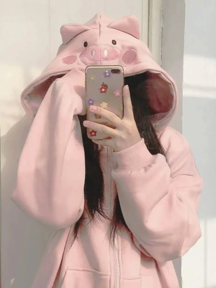 Sweet Pink Piggy Embroidery Hoodies