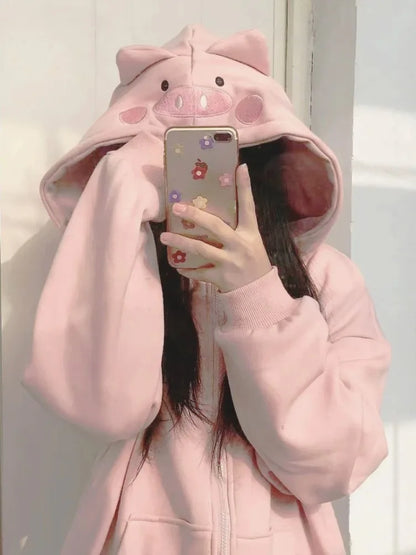 Sweet Pink Piggy Embroidery Hoodies