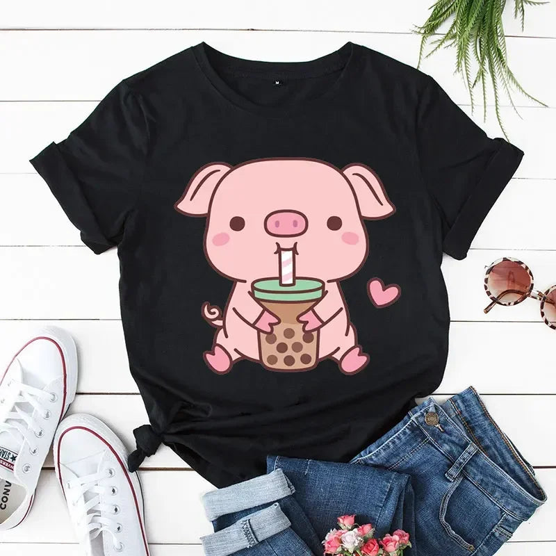 Cute Pig Boba Tea Print Women Casual T-shirts