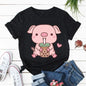 Cute Pig Boba Tea Print Women Casual T-shirts