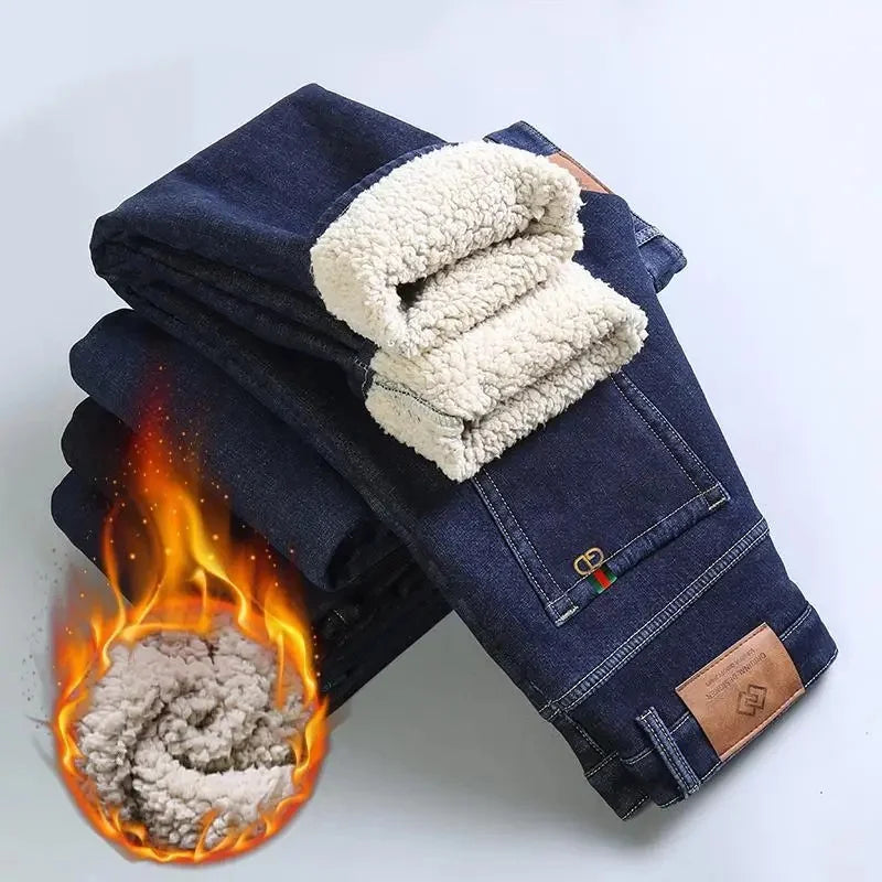 Men's Winter Thickened Fleece Lined Casual Jeans