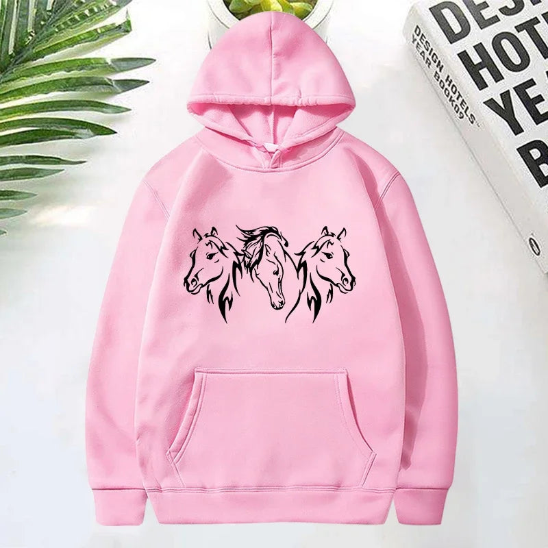 Three Horse Head Pattern Printed Hoodies