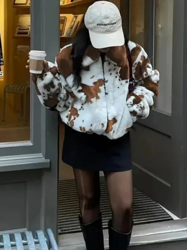 Cow Print Faux Fur Cropped Jacket