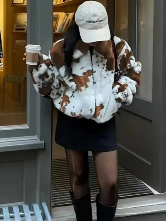 Cow Print Faux Fur Cropped Jacket