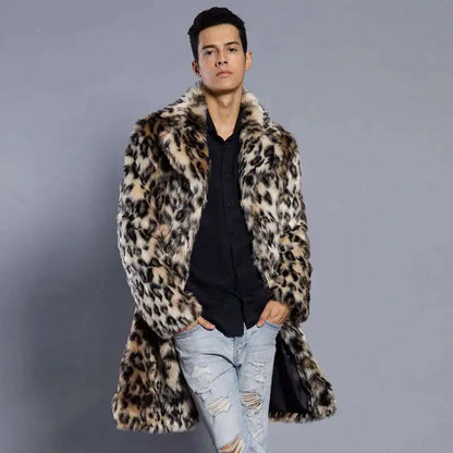 Leopard Print Faux Fur Men's Suit Collar Jacket