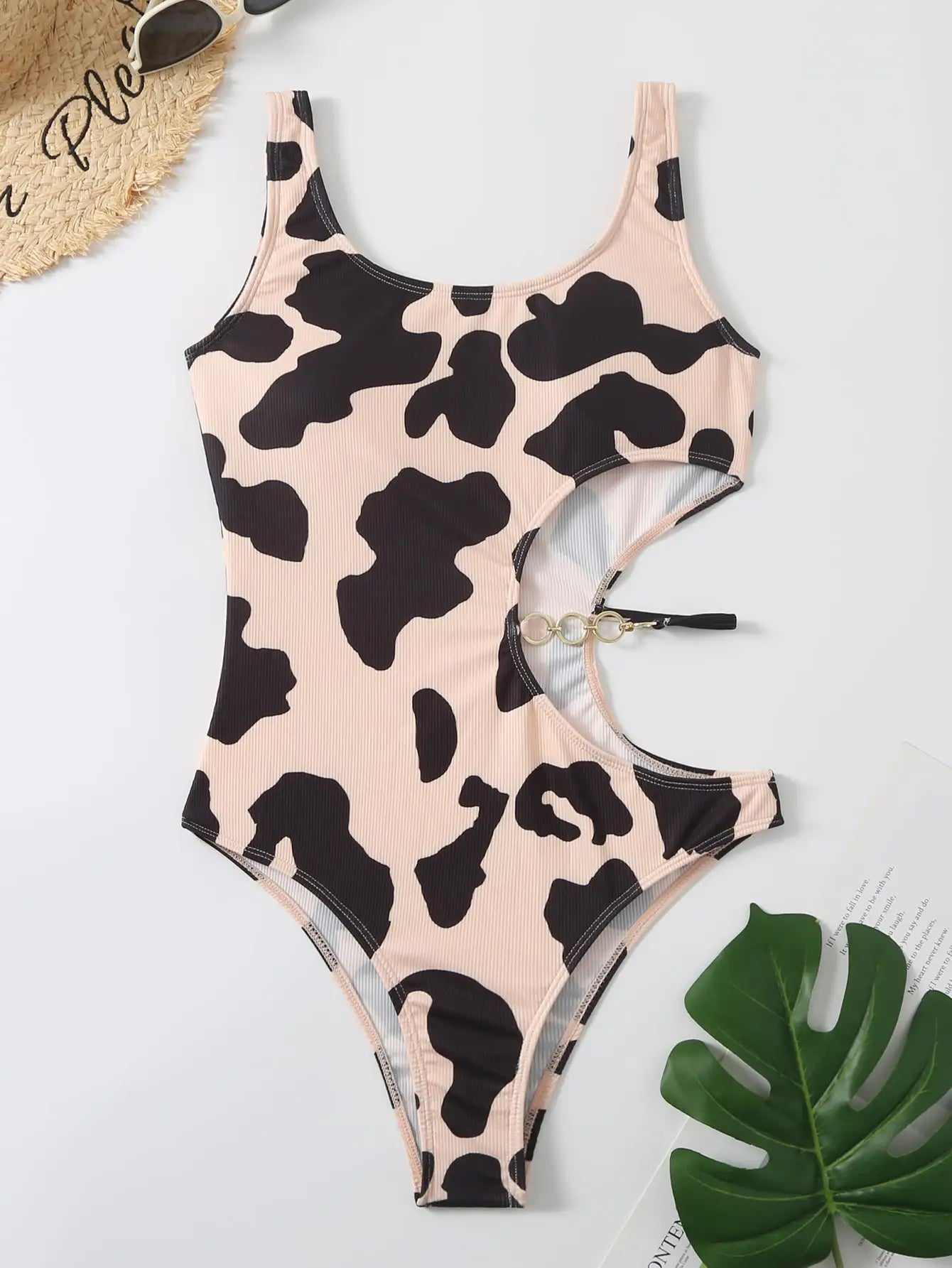2025 Cow Print Rib Cut-out One Piece Swimsuit