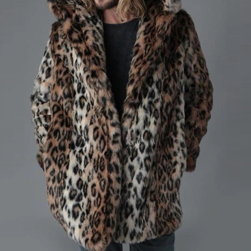 Luxury Men's Winter Leopard Faux Fur Coat