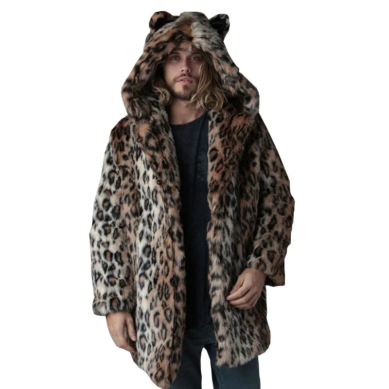Luxury Men's Winter Leopard Faux Fur Coat