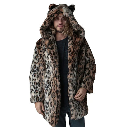 Luxury Men's Winter Leopard Faux Fur Coat