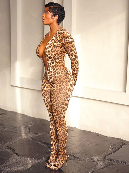 Woman's Leopard Print Jumpsuits With Deep V-Neck Style