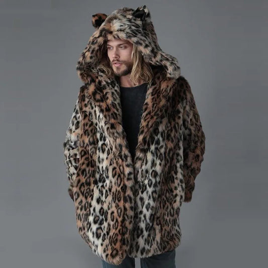 Luxury Men's Winter Leopard Faux Fur Coat
