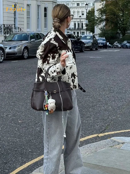 Casual Cow Print Lapel Jacket