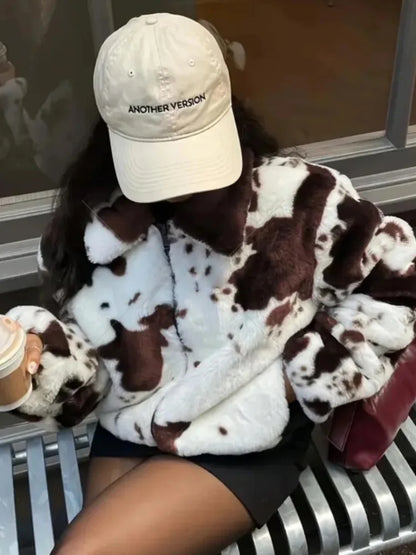 Cow Print Faux Fur Cropped Jacket