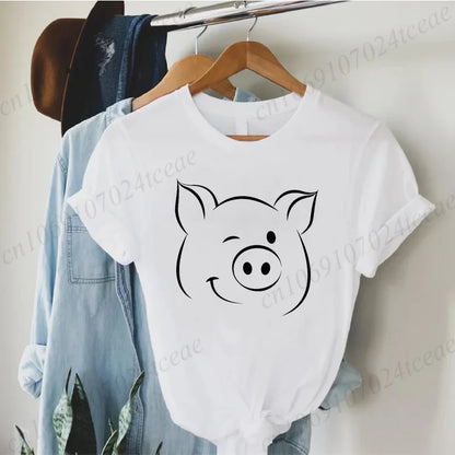 Cute Cartoon Pig Print Women's Summer T Shirt