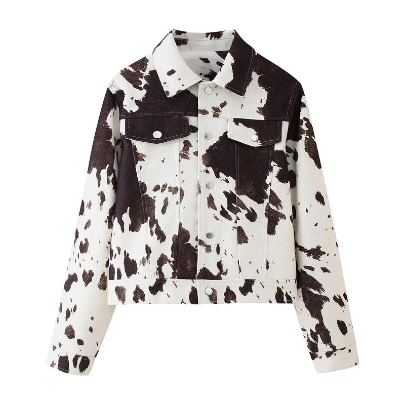 Cow Printed Elegant Single Breasted Turn Down Collar Coat