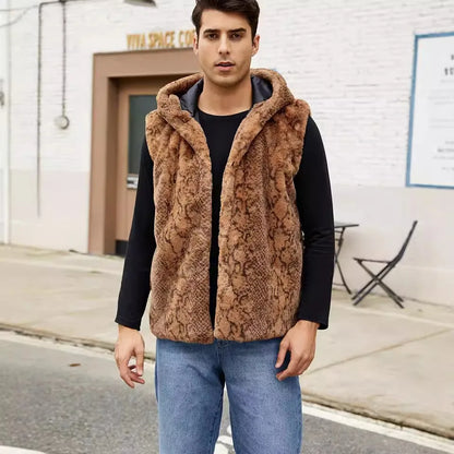 Winter Men's Leopard Casual Trendy Sleeveless Hooded Faux Fur Vest