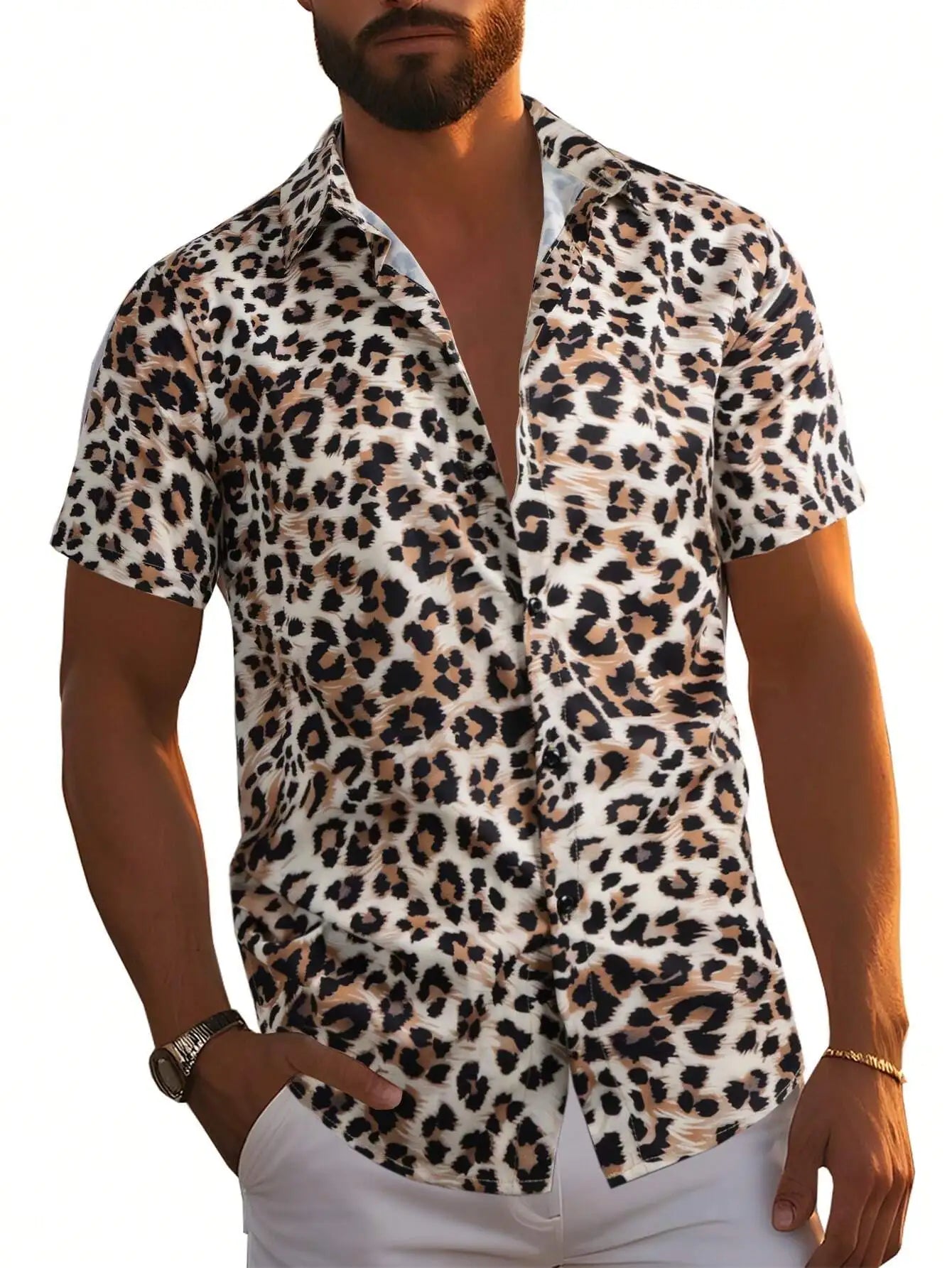 Summer Beach Leopard Pattern Print Men's Button Up Shirt