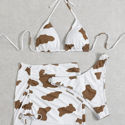 3-Piece Bikini Set Cow Print Swimwear
