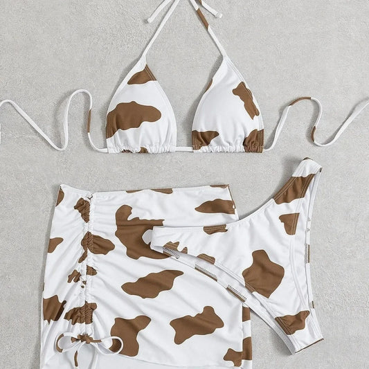 3-Piece Bikini Set Cow Print Swimwear