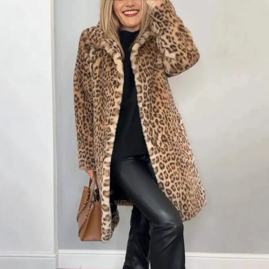 Fashionable Leopard Print Plush Mid-Length Jacket