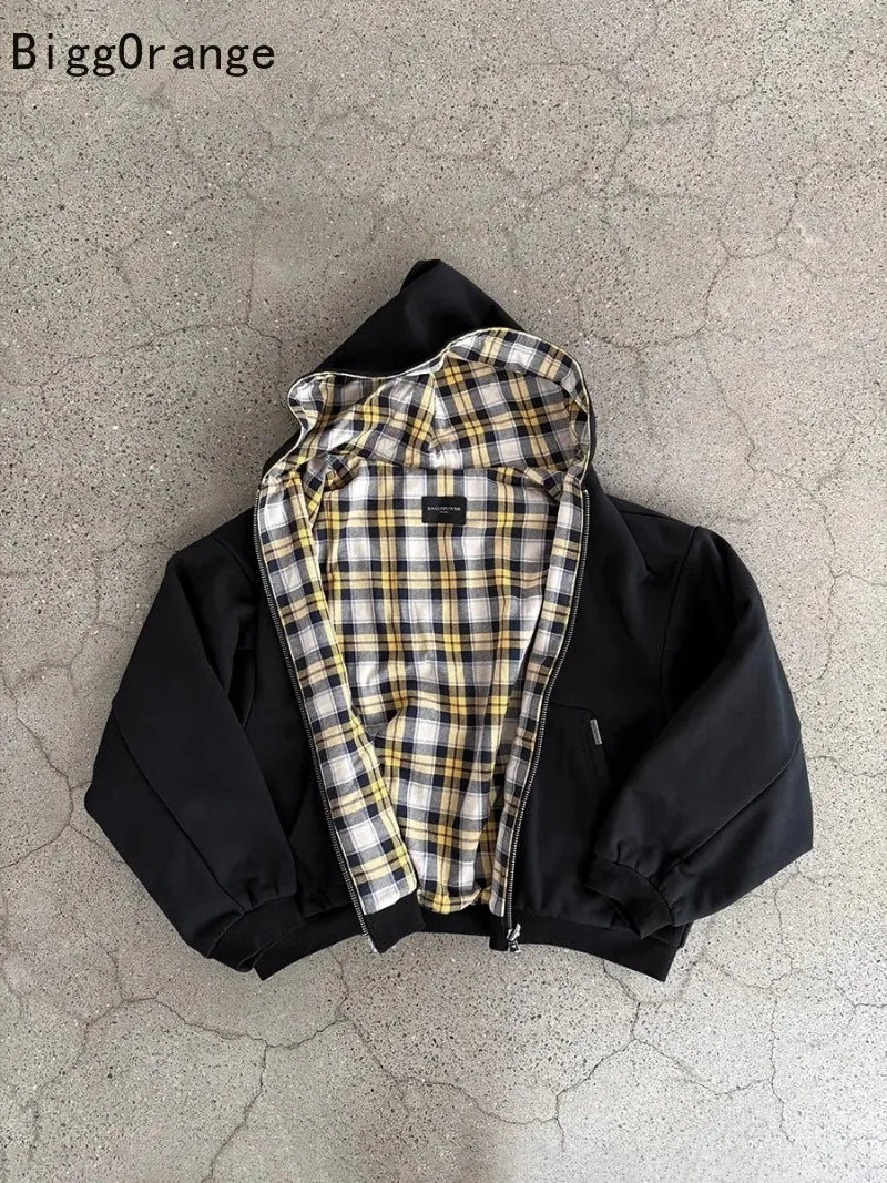 New American style plaid pattern oversized hoodie
