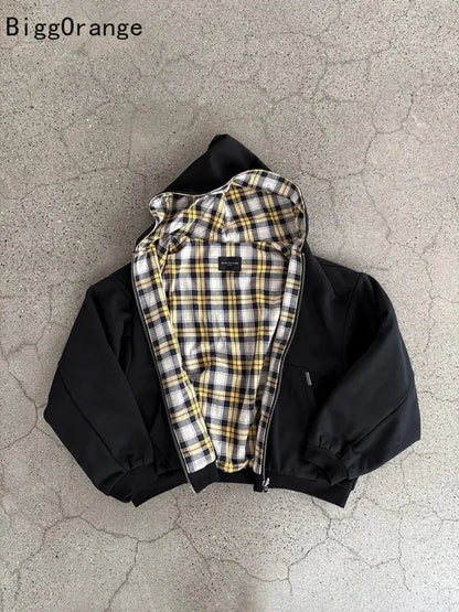 New American style plaid pattern oversized hoodie