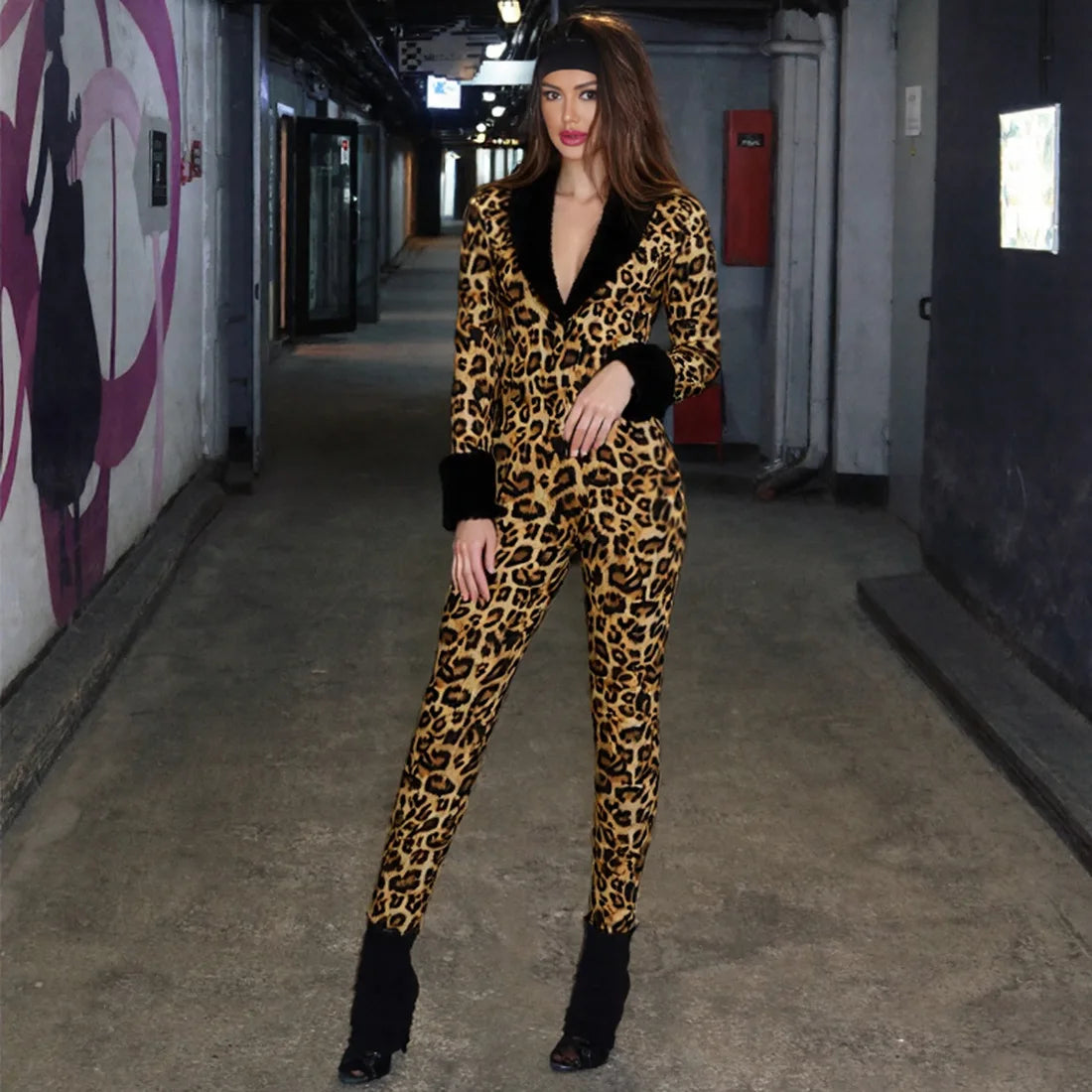Wild Slim Fit Long Sleeve Leopard Print Jumpsuits