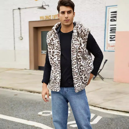 Winter Men's Leopard Casual Trendy Sleeveless Hooded Faux Fur Vest
