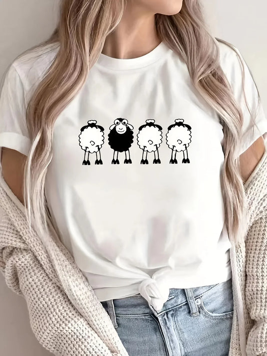 Casual Short Sleeve Top With Four Sheep Cartoon Printed Design