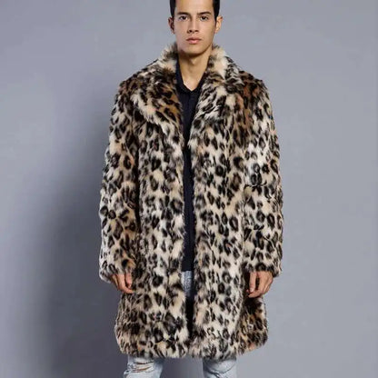 Leopard Print Faux Fur Men's Suit Collar Jacket